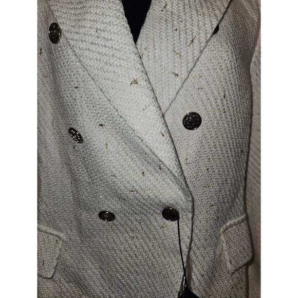 NWT! Mina Self Tweed Blazer Jacket Ivory Double Breasted Pockets Size L - Picture 2 of 12